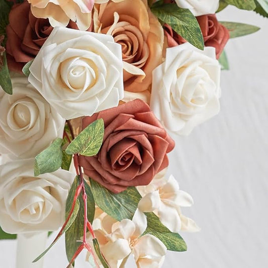 Artificial Flowers, 25pcs Terracotta Artificial Rose for DIY Wedding Bouquets Centerpieces Arrangements, Foam Roses with Stems for Bridal Shower Party Home Decorations