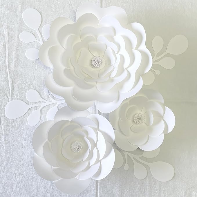 Party Paper Flower Decorations Need Assembled 3D Paper Flowers with Leaves Wall Backdrop Decor Large Paper Flower Decoration(White Set) Wedding Bridal Shower Nursery Baby Shower Wall Flowers Decor