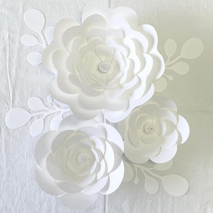 Party Paper Flower Decorations Need Assembled 3D Paper Flowers with Leaves Wall Backdrop Decor Large Paper Flower Decoration(White Set) Wedding Bridal Shower Nursery Baby Shower Wall Flowers Decor