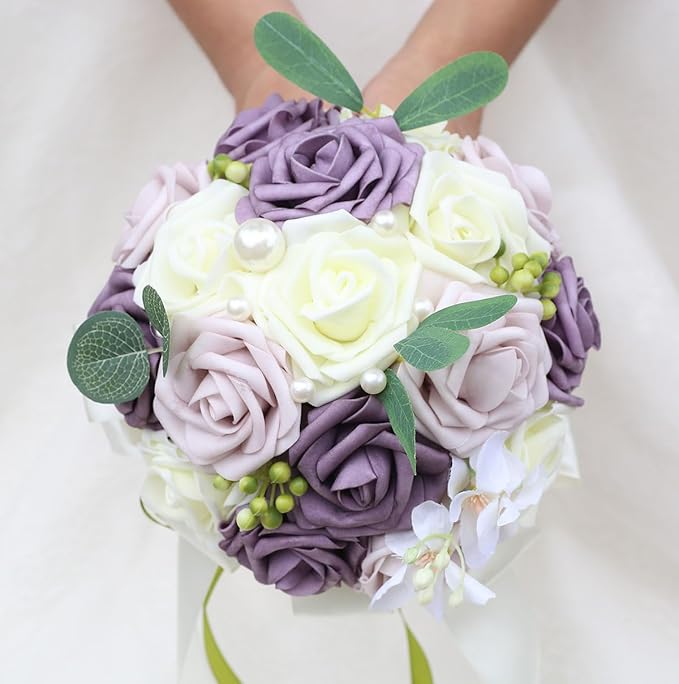 Lightweight Bridal Wedding Bouquet Round Holding Bouquet Throw Toss Artificial Rose Flower Bunch for Bride Bridesmaid Wedding Quinceanera (Cream, Deep Taro & Light Taro, 9.1")