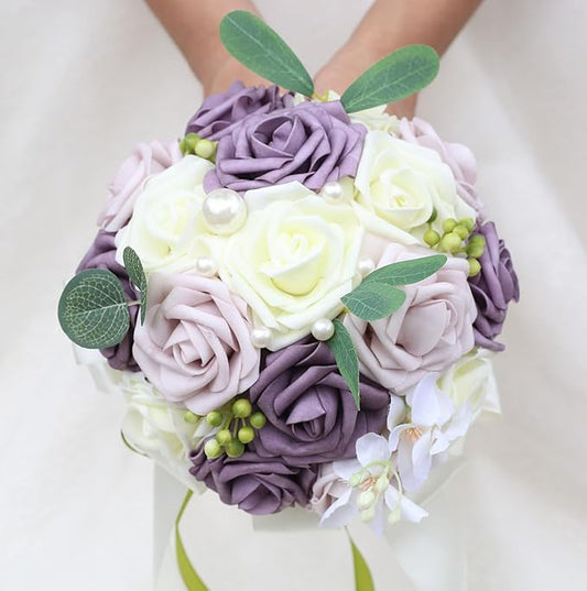 Lightweight Bridal Wedding Bouquet Round Holding Bouquet Throw Toss Artificial Rose Flower Bunch for Bride Bridesmaid Wedding Quinceanera (Cream, Deep Taro & Light Taro, 9.1")