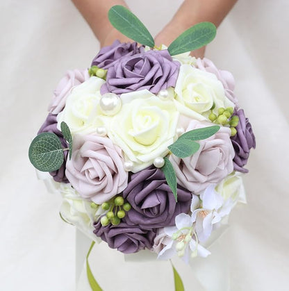 Lightweight Bridal Wedding Bouquet Round Holding Bouquet Throw Toss Artificial Rose Flower Bunch for Bride Bridesmaid Wedding Quinceanera (Cream, Deep Taro & Light Taro, 7.9")