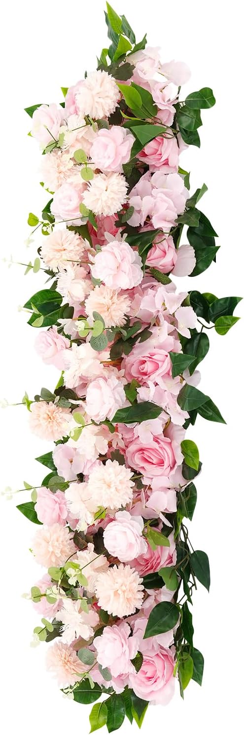 Eapmic Artificial Flower Row, 39.37in Peony Hydrangea Floral Arrangement, Faux Flower Panel Table Centerpiece for Wedding Arch Wall Backdrop Ceremony Reception Home Party Decoration (Pink)