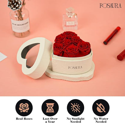 Rosaura Heart-Shaped Preserved Roses Gift Box - Real Forever Flowers for Birthday, Valentine's & Mother's Day (red, 7 roses)