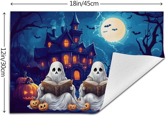 PVC Placemats Set of 6 Wipeable Table Mats Washable Heat Resistant Non Slip Vinyl Dining Table Mat for Kitchen Indoor Outdoor Patio Farmhouse Place Mats Halloween Pumpkin Ghosts Castle Decorative