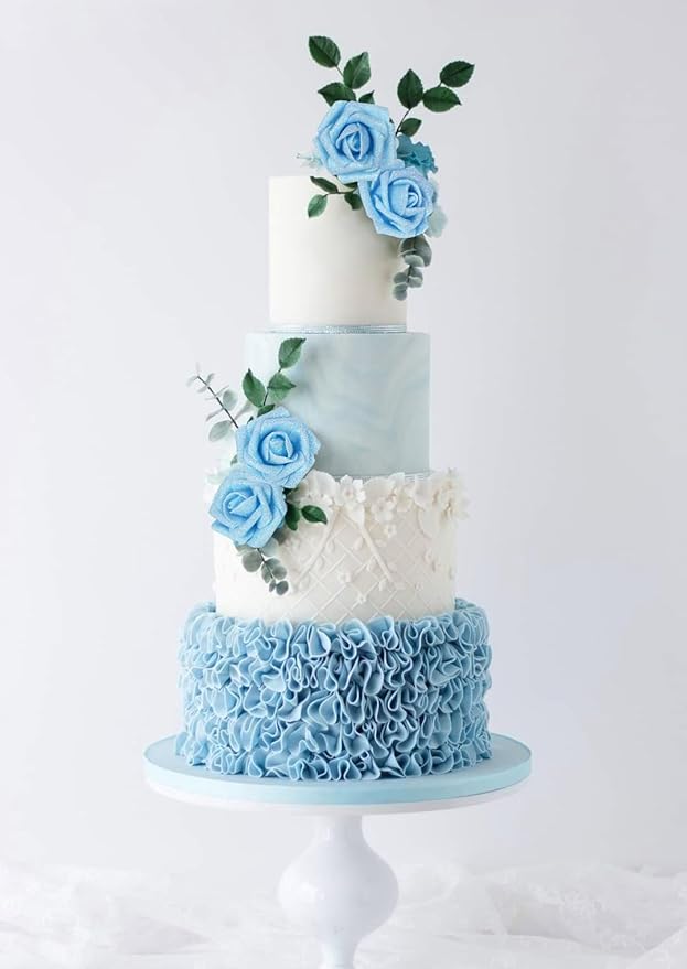 Light Blue Roses Artificial Flowers - 30 PCS, 2.17 in Blue Glitter Roses, Foam Flowers with Stem for DIY Wedding Bridal Bouquet, Party Centerpieces Decor