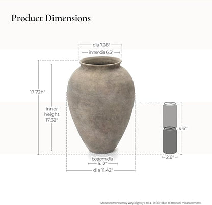 LuxenHome Rustic Ceramic Floor Vase, 17.7" Tall Terracotta Pot with Earthy Gray-Brown Finish, Vintage Pottery Large Vases for Decor Living Room, Farmhouse Flower Vase for Entry Way Table Home Decor