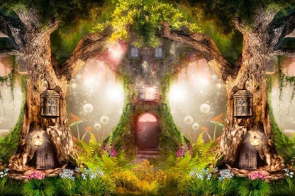 Leowefowa 10x7FT Enchanted Garden Backdrop Magic Tree House Fairy Tale Wonderland Woodland Background Wedding Baby Shower Birthday Party Banner Cake Smash Decors Studio Portrait Photobooth Shoot Props