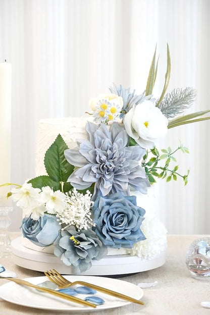 Artificial Flower Combination Box Set Artificial Flower Loose Leaves and Stems DIY Wedding Center Bouquet Bride Wedding Baby Shower(Grey White Blue)
