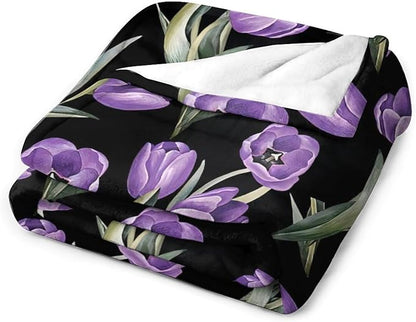 Purple Tulip Blanket Flower Gifts for Girls Women Tulip Floral Throw Blanket for Kids Adults Soft Warm Cozy Fleece Blanket for Couch Sofa Bed 40"x50"