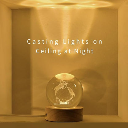 3D Laser Engraved Dolphin Crystal Ball, Romantic Dolphin & Heart LED Night Light, 60mm Sea Animal Figurines Decor Glass Sphere Lamp Gifts for Women Kids Mom