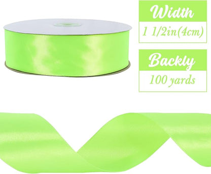 TONIFUL 1-1/2 Inch (40mm) x 100 Yards Fluorescent Green Wide Satin Ribbon Solid Fabric Ribbon for Gift Wrapping Chair Sash Valentine's Day Wedding Birthday Party Decoration Hair Floral Craft Sewing