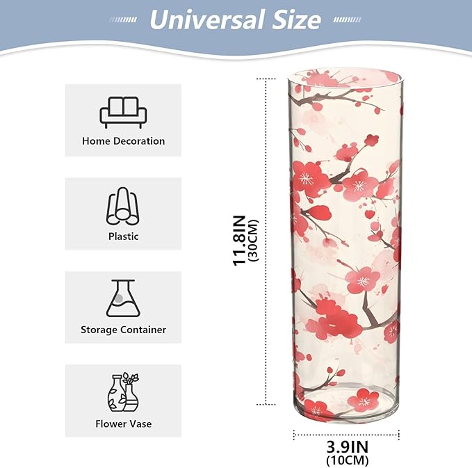 Flower Vase for Centerpieces, Plum Blossoms Flower Red Plastic Cylinder Vase, Clear Bud Vases for Home Wedding Office Table Decor