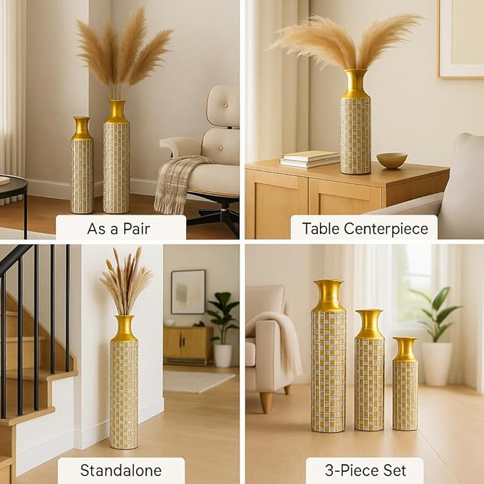 Leewadee Black Tall Floor Vase, Set of 3 Decorative 26/21/16″ Large Vases from Metal for Home Decor Living Room, Style with Pampas Grass for Modern, Vintage, Rustic or Farmhouse Room Decor