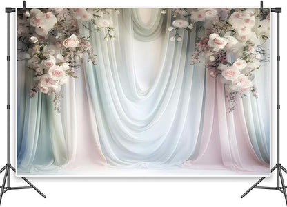 Leowefowa Floral Backdrop for Wedding Decor Pink Rose Flower White Curtain Wall Photography Background for Baby Shower Wedding Anniversary Ceremony Party Decorations Banner Studio Props 10x6.5ft Vinyl