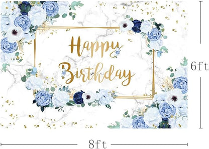 MEHOFOND 8x6ft Happy Birthday Backdrop Blue and White Flowers Bday Photography Background Girls Geometric Gold Glitter Dots Birthday Floral Party Decorations Cake Smash Decor Studio Photo Props