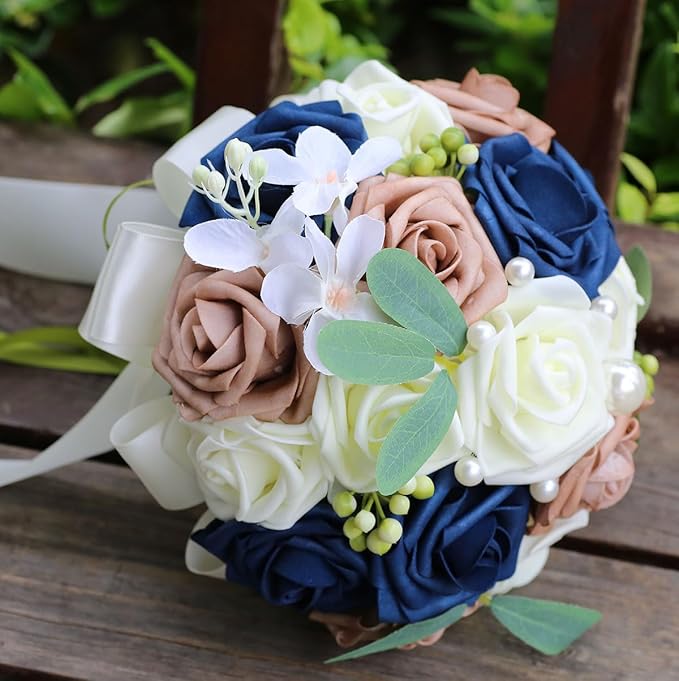 Lightweight Bridal Wedding Bouquet Round Holding Bouquet Throw Toss Artificial Rose Flower Bunch for Bride Bridesmaid Wedding Quinceanera (Cream, Navy & Rosy Brown, 9.1")