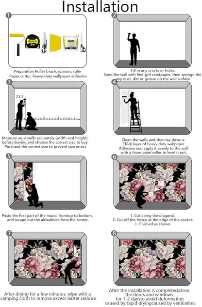 Dark Background Watercolor Peony Seamless Floral Wallpaper, Large Art Background Wall Mural for Decorated Bedroom and Living Room(Non-self-Adhesive)