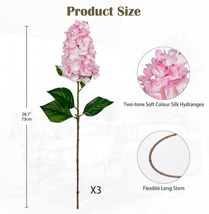 3PCS Fake Flowers Hydrangea Artificial Flowers 28" Long Stem Pink Faux Flowers for Vase, Real Touch Silk Flowers Décor for Floral Arrangement Home Farmhouse Office Hotel Decoration