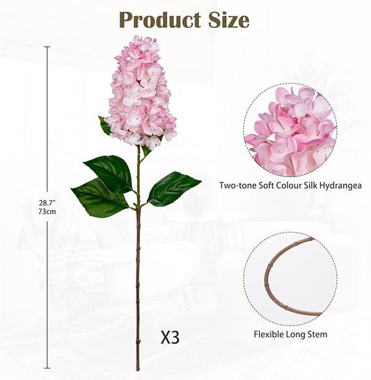 3PCS Fake Flowers Hydrangea Artificial Flowers 28" Long Stem Pink Faux Flowers for Vase, Real Touch Silk Flowers Décor for Floral Arrangement Home Farmhouse Office Hotel Decoration