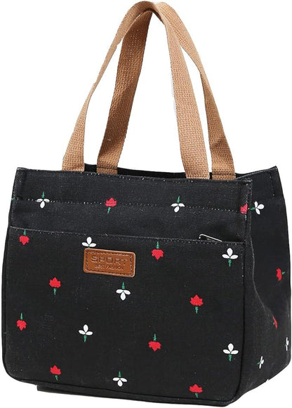 Dreubea Women's Floral Print Canvas Tote Bag - Small Reusable Shopping Handbag for Groceries, Takeout, Eco-Friendly Purse