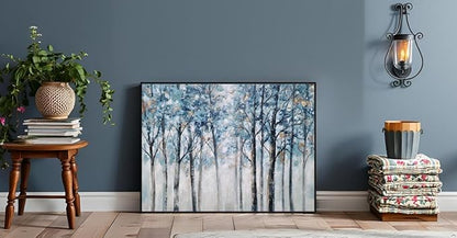 Yihui Arts Abstract Forest Wall Art Hand Painted Textured Blue Trees Canvas Painting with Gold Foil Modern Framed Artwork for Living Room Decor
