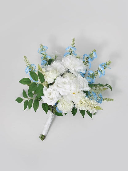 Rinlong 17.7" Wide Wedding Bouquets for Bride Baby Blue Delphinium White Bridal Bouquet for Wedding Artificial Flowers Bouquets