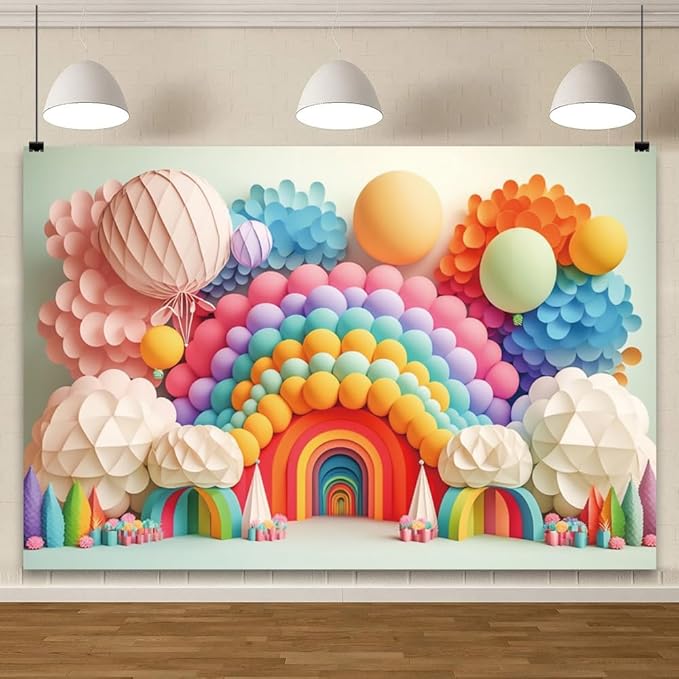 YongFoto Paper Flowers Backdrop 10x7ft Colorful Cut Paper Floral Blossom Rainbow Arch Hot Air Balloon Honeycomb Ball Photography Background Lovely Party Banner Home Decor Photo Studio Booth Props