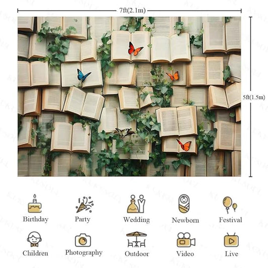 7x5ft Vintage Bookshelf Backdrop Book Butterfly Backdrop Book Butterfly Background Newborn Kids Wedding Bridal Shower Photo Banner Portrait Props KUBYW001