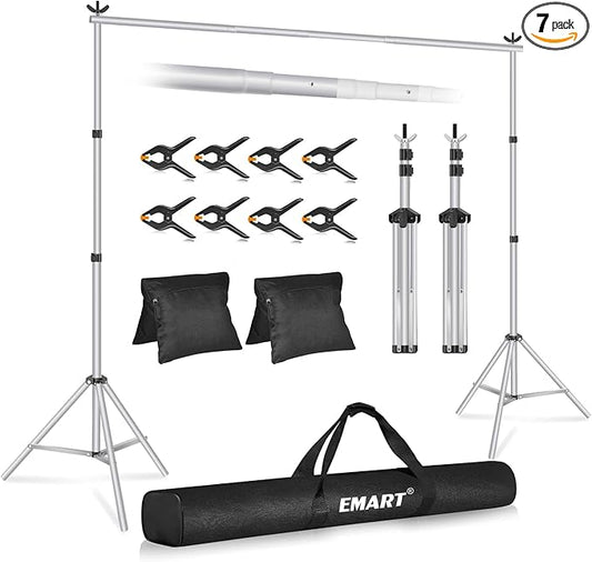 EMART Backdrop Stand 10x7ft(WxH) Photo Studio Adjustable Background Stand Support kit with 2 Crossbars, 8 Clamps, 2 Sandbags and Carry Bag for Parties, Events Decoration, Wedding, Photography -Silver