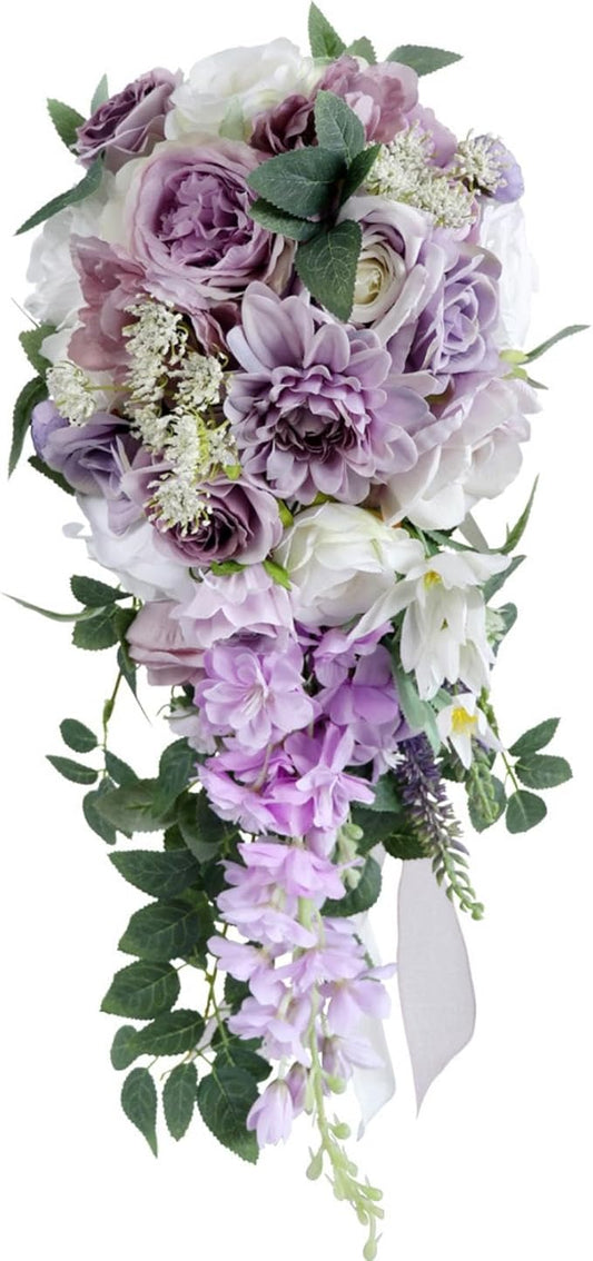 Bridal Bouquets for Wedding, Cascading Bouquets for Bride Lilac Purple Rose Artificial Bridal Bouquet for Wedding Anniversary Ceremony Bridal Shower Party Church Decoration