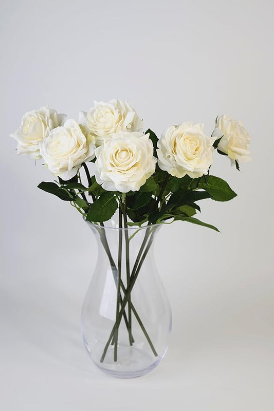 Real Touch Artificial Roses 6pcs, Floyd Roses,17.3”Faux Silk Roses Bouquet for Home Decor, Wedding Centerpieces, Romantic Gifts & Party Arrangements, Fuchsia Realistic Flowers (White)