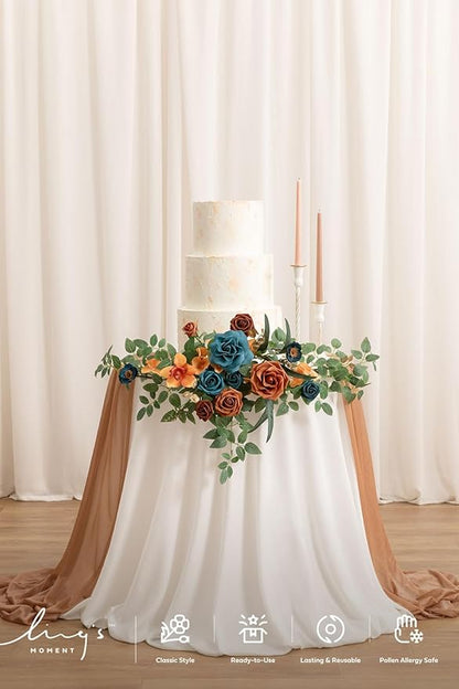 Ling's Moment Wedding Artificial Welcome Sign Flowers Swag Arch Floral Garland Decorations Teal Orange for Ceremony Reception Entrance Entryway Party Banquets Easel Wall Home Outdoor(NOT Include Sign)