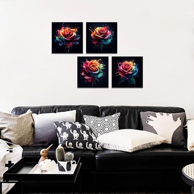 Pankila Colorful Rose Wall Art Rose Floral Pictures Canvas Prints Abstract Rose Flower Wall Decor for Living Room Bedroom Bathroom Home Decorations Framed Artwork (24''W x 24''H x 4)