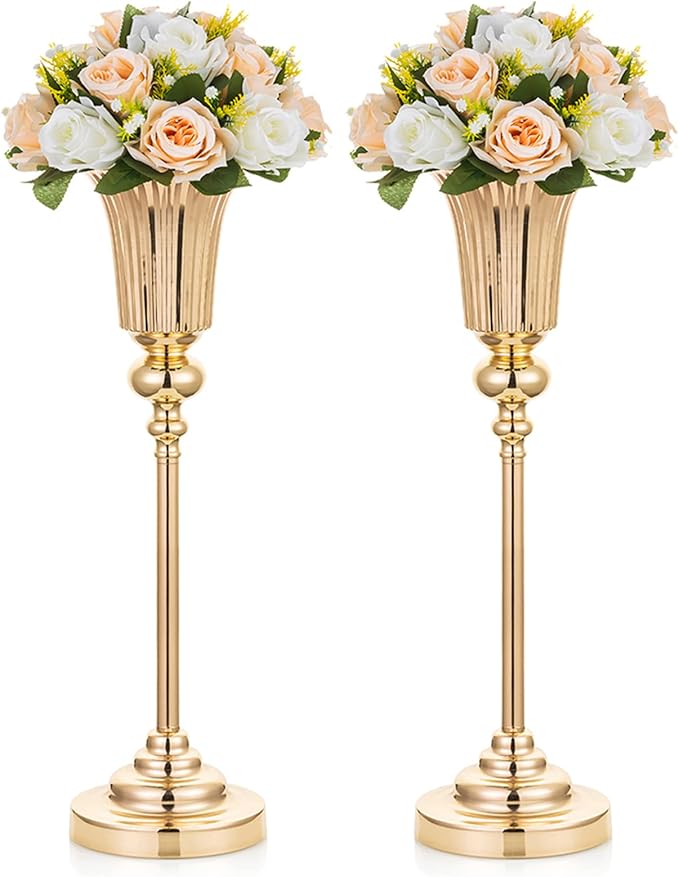 NUPTIO Centerpiece Vase Gold Wedding: 2 Pcs 21.5" Tall Metal Trumpet Vases for Table Decorations Gold Flower Stand for Party