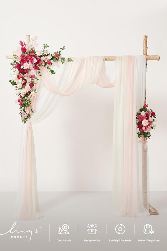 Ling's moment Deluxe Spring Pink Artificial Wedding Arch Flowers with Drapes Kit-Pack of 5, 2pcs Flower Arrangements 3pcs Hanging Sheer Drapes Ceremony Arbor Reception Backdrop Floral Decoration