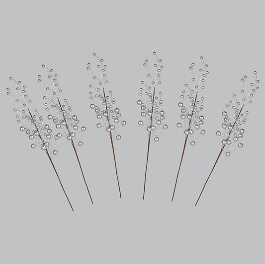 6 Picks Sliver Berry Twig Long Stems: Decorative Picks for Vases, Floral Arrangements, and Holiday Crafting (Silver)
