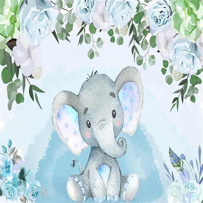 AOFOTO Flowers Baby Elephant Backdrop Light Blue 8x8ft Boy Gender Reveal Party Decorations Sweet Floral Baby Shower Photo Shoot Background for Photography Kids Child Birthday Photo Studio Props Vinyl