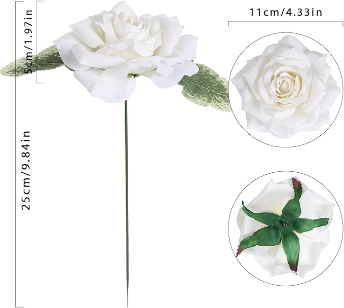 Silk Roses - 16pcs White Large Fake Roses - Wedding Bouquet, Home Decorations
