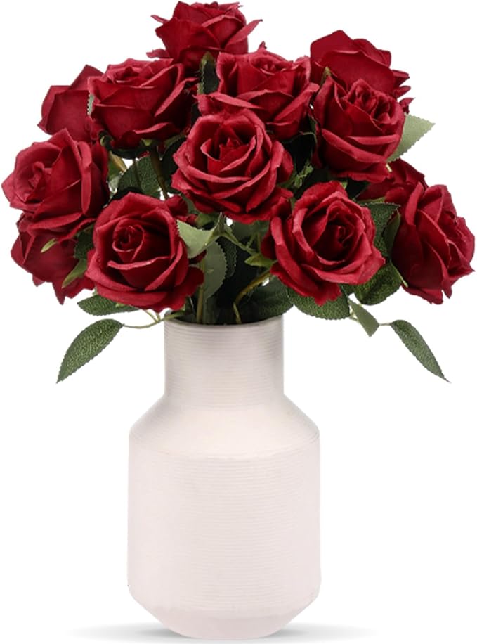 Hotop 20 Pcs Artificial Rose Flowers with Long Stem,Real Touch Silk Realistic Plastic Bouquet Roses Bulk for Home Decor Bridal Wedding Party Table Centerpieces Decorations(Wine Red)
