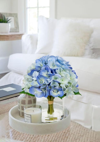 Hollyone Blue Hydrangea Artificial Flowers in Vase Latex Real Touch Small Faux Hydrangea Flowers Arrangements Hydrangeas Fake Flower with Glass Vase with Faux Water for Table Centerpiece Home Decor