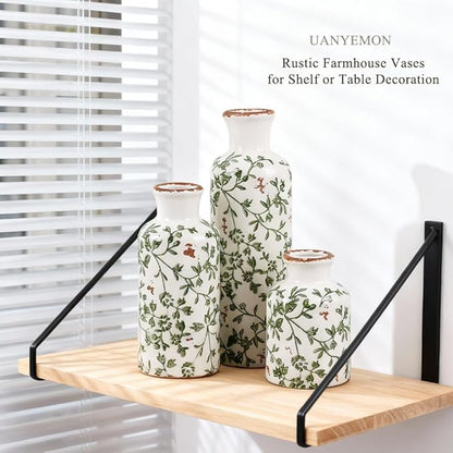 Ceramic Vase Set of 3 - Modern Chinoiserie Green Floral Decorative Vases for Home Decor, Rustic Farmhouse Boho Vases for Living Room, Mantel, Dining Table, Bookshelf, Kitchen or Entryway Decoration