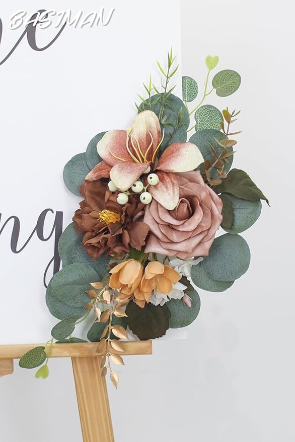 2pcs Artificial Flowers Wedding Arch Decor, Wedding Welcome Sign,Foam Flower Welcome Sign for Reception Backdrop, Table Decorations, Dried Flowers(Dark Coffee)