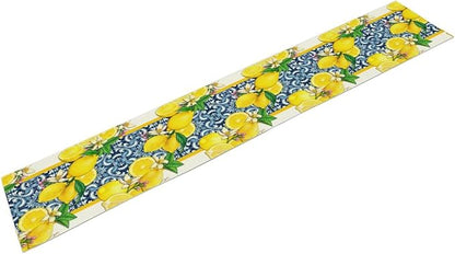 Lemon Table Runner,Summer Blue Tiles Lemons Kitchen Dining Table Decoration Lemons Table Cover for Indoor Outdoor Home Party Decor, 13 x70 Inch