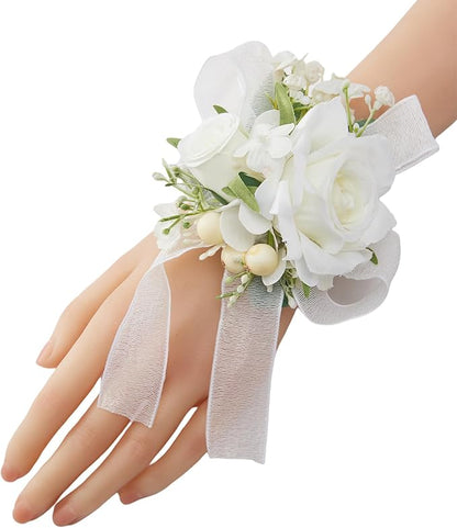 Meldel White Wrist Corsage for Women Bride Bridesmaids Wedding, Set of 6, Artificial Rose Corsages Wristlet for Prom Suit Accessories Bridal Shower Mother Homecoming Flowers Party Ceremony Anniversary