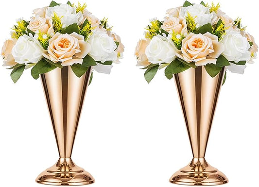 2 Pcs Tabletop Metal Wedding Flower Trumpet Vase, 9.8 inch Table Decorative Centerpiece, Artificial Flower Arrangements for Anniversary Ceremony Party Birthday Event Aisle Home Decoration (Gold)