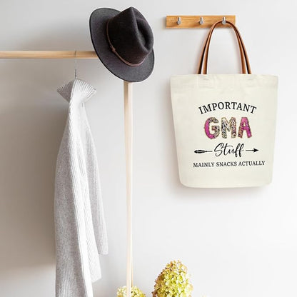 Canvas Tote Bag for Women, Important Stuff Bag with Leather Handle, Reusable Grocery Bags for Shopping Beach Travel