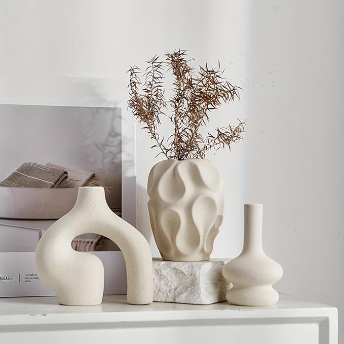 Boho Vase 3PCs | Modern Minimalist Donut Vase & Geometric Shapes | 3D Printed Imitates Ceramic Appearance | for Living Room Entryway Coffee Table Home Decor or Gift | Cream White