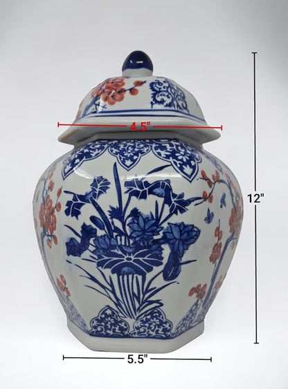 Festcool Blue and White Porcelain Ceramic Covered Floral Jar Vase, Food Container Storage Lotus Plum Blossoms,(J23), 12 inch