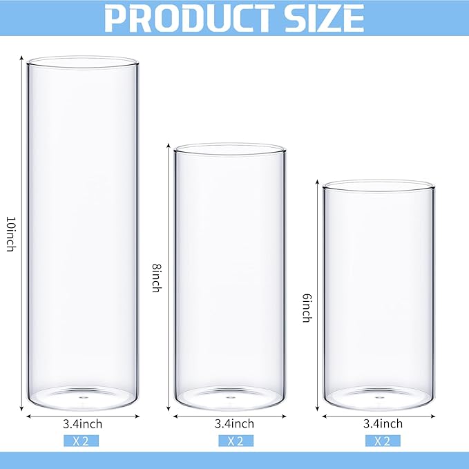 6 Pcs Cylinder Vases Set for Centerpieces, 6/8/10 Inch Tall Clear Glass Vase, Hurricane Floating Candle Holder for Wedding Table Decor, 2.5''/2.7''/3.3''' Diameter (3.3'' X 5.9'',7.9'',9.8'')